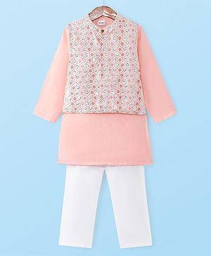 Babyhug Woven Kurta Pyjama Set With Sequin Embroidered Jacket - Coral