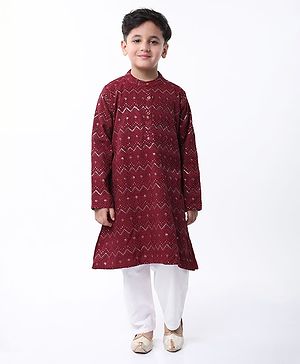 Babyhug Woven Full Sleeves Sequin Embroidered Kurta Pyjama Set - Maroon