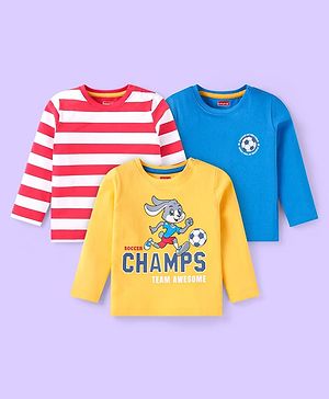 Babyhug Cotton Knit Full Sleeves T-Shirts With Strips Bunny & Football Print Pack of 3 - Orange Red & Blue