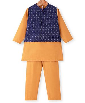 Babyhug Cotton Woven Full Sleeves Kurta & Pajama Set with Embroidered Jacket - Orange