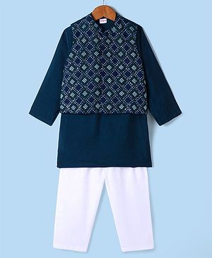 Babyhug Woven Full Sleeves Solid Colour Kurta & Pyjama Set with Embroidered  Jacket - Dark  Green
