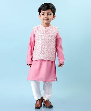 Babyhug Woven Full Sleeves Solid Kurta Pyjama Set with Sequin Embroidered Jacket - Pink
