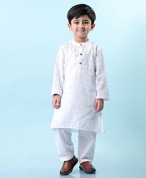 Babyhug Cotton Woven Full Sleeves Solid Embroidered Kurta Pyjama Set - White