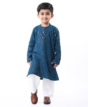 Babyhug Woven Sequin Embroidered Full Sleeves Kurta Pyjama Set - Teal