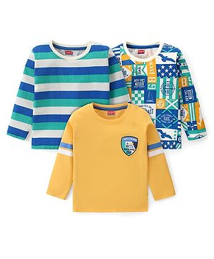 Babyhug Cotton Knit Full Sleeves T-Shirts with Striped & Text Print Pack of 3 - Yellow Green & Blue
