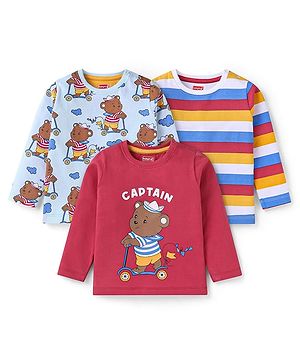 Babyhug Cotton Knit Full Sleeves T-Shirts With Strips & Bear Print Pack of 3 - Dark Red & Light Blue