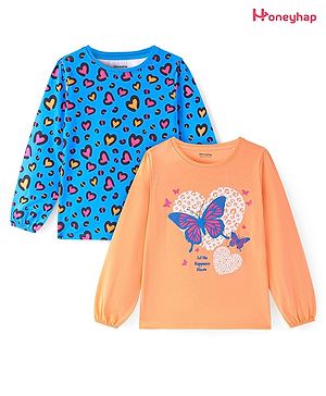 Honeyhap Premium  100% Cotton Knit Full Peasant Sleeves Heart & Butterfly Printed Tops Pack of 2 - Mock Orange &  Indigo Bunting