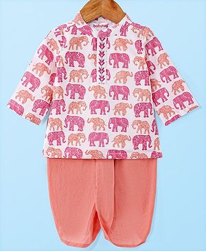 Babyhug Cotton Woven Full Sleeves  Kurta Dhoti Set  with Elephant Print - White & Pink