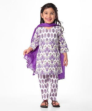 Babyhug Cotton Woven Three Fourth Sleeves Kurti Palazzo & Dupatta Set with Floral Print - White & Purple