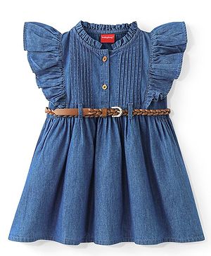 Babyhug Cotton Woven Frill Sleeves Solid Color Frock With Pintuck Detailing - Blue