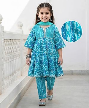 Babyhug Cotton Woven Three Fourth Sleeves Kurti Salwar Set with Dupatta & Floral Print - Aqua Blue