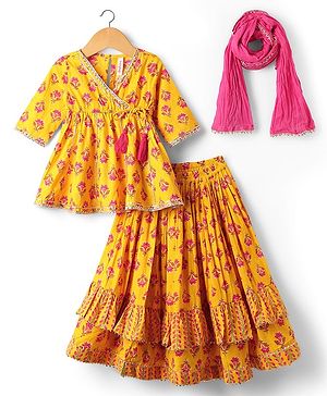 Babyhug Woven Three Fourth Sleeves Choli Lehenga Set & Dupatta With Floral Print & Lace Detailing - Yellow