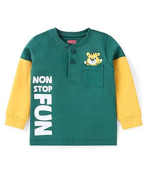 Babyhug Cotton Knit Full Sleeves Cut & Sew Design T-Shirt with Lion Graphics - Green & Yellow
