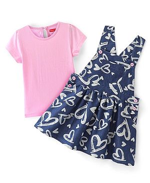 Babyhug Cotton Woven Half Sleeves T-Shirt & Frock With Heart Print - Pink & Navy Blue