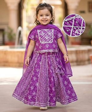 Babyhug Cotton Woven Half Sleeves Lehenga Choli Set With Floral Print & Dupatta - Purple