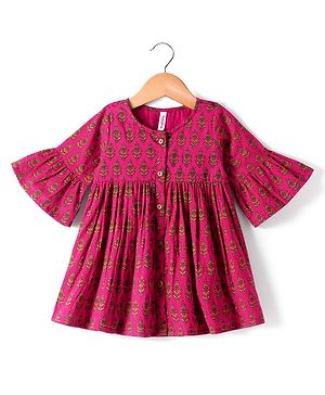 Babyhug Cotton Woven Three Fourth Bell Sleeves Floral Printed Dress - Fuschia