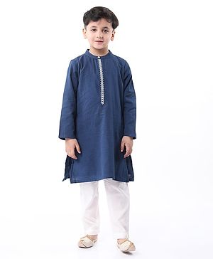Babyhug Cotton Woven Cambric Full Sleeves Solid Kurta Pyjama Set  - Navy Blue