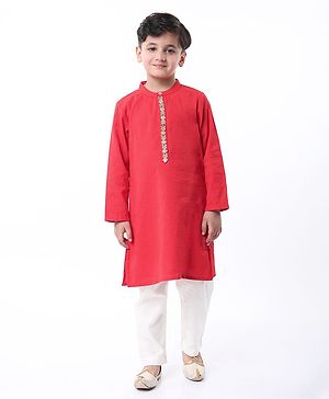 Babyhug Cambric Woven Solid Kurta Pyjama Set With Floral Embroidery - Red