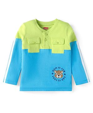Babyhug Cotton Knit Full Sleeves Cut & Sew Design T-Shirt with Bear Graphics - Green & Light Blue