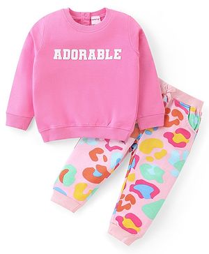 Babyhug Cotton Knit Full Sleeves Text Printed T-Shirt & Lounge Pants Set - Pink