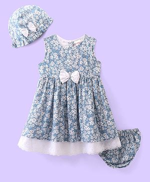 Babyhug Viscose Woven Sleeveless Frock With Bloomer & Cap With Floral Print & Lace Detailing -Blue