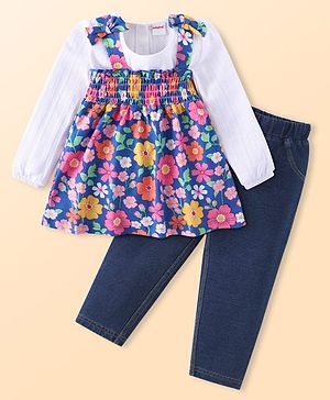 Babyhug Single Jersey Knit Full Peasant Sleeves T-Shirt & Floral Printed Top with Jeans -  White Navy Blue