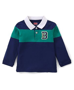 Babyhug Cotton Knit  Full Sleeves Striped Polo T-Shirt with Alphabet Graphics - Navy Blue