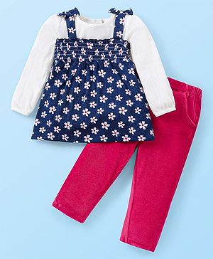 Babyhug Single Jersey Knit Floral Printed Top With Solid Colour Inner Tee & Trouser Set -  Navy White & Red