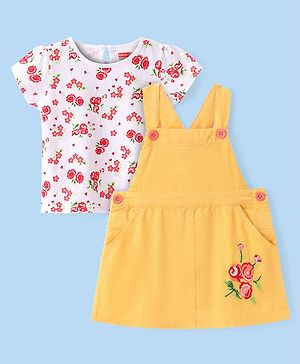 Babyhug Cotton Knit Frock with Half Sleeves Inner T-Shirt Floral Print - Yellow