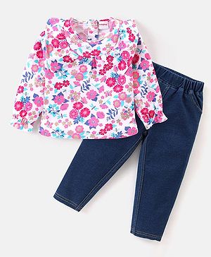 Babyhug Cotton Knit Full Sleeves Floral Printed Top & Denim Pants Set - Pink & Blue