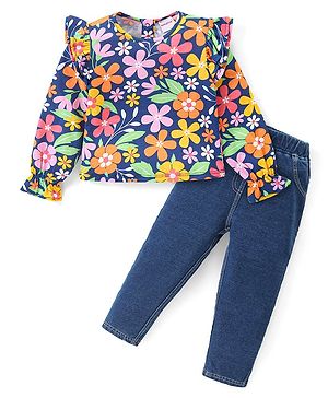 Babyhug Cotton Knit Full Sleeves Frill Detailed Floral Printed Top & Denim Pants Set - Navy