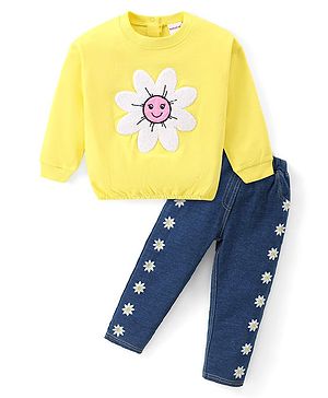 Babyhug Cotton Knit Premium Light Gauge Terry Full Sleeves T-Shirt & Denim Pants Set With Floral Applique & Embroidery - Yellow & Blue
