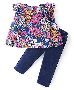 Babyhug Single Jersey Knit Full Sleeves Top & Leggings Set with Floral Print & Frill Detailing - Navy Blue