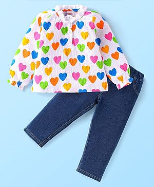 Babyhug Single Jersey Knit Full Peasant Sleeves Heart Printed Top & Denim Jeans Set - Blue & Pink