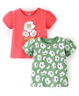 Doodle Poodle 100% Cotton Single Jersey Half Sleeves Top with Floral Print Pack of 2 - Green & Peach