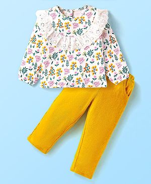 Babyhug Single Jersey Knit Full Sleeves Floral Printed Top & Pants Set - Yellow & White
