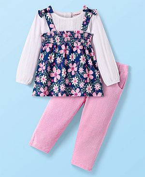 Babyhug Single Jersey Knit Full Sleeves Top & Lounge Pant Set With Floral Printed Frock & Bow Applique - Navy Blue White & Pink