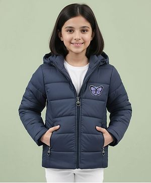 Pine Kids Woven Full Sleeves Padded Hooded Jacket With Butterfly Patch Applique - Navy Blue