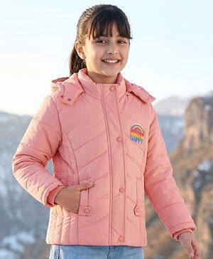 Pine Kids Woven Full Sleeves Front Open Padded Hooded Jacket with Rainbow Patch Detailing - Dusty Pink