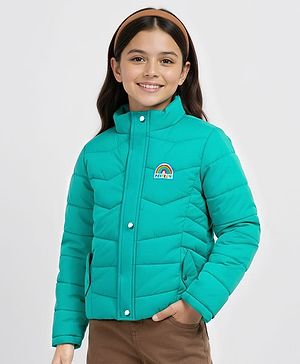 Pine Kids Woven Full Sleeves High Neck Front Open Padded Quilted Jacket With Rainbow Patch Detailing - Green