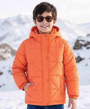 Pine Kids Woven Full Sleeves Front Open Padded Hooded Jacket with Solid Colour - Orange