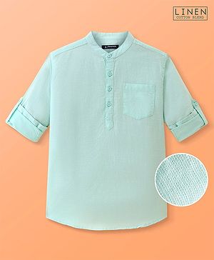 Pine Kids Linen Woven Mandarin Collar Full Sleeves Solid Shirt - Mint