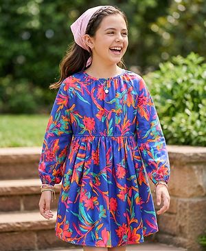 Pine Kids Poplin Woven Peasent Sleeves Floral Printed Frock - Blue