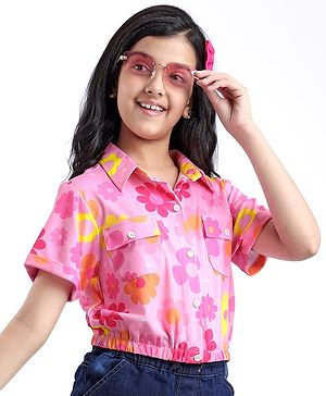 Pine Kids Woven Half Sleeves Floral Printed Top - Pink