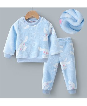 Kookie Kids Full Sleeves Bunny Printed Winter Wear Night Suit - Sky Blue