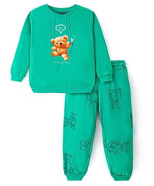 Pine Kids Heavy Gauge Premium Fabric  Full Sleeves Night Suit with Bear Print  - Mint Green