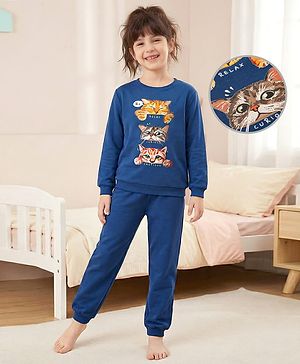 Pine Kids Heavy Gauge Premium Fabric  Full Sleeves Night Suit with Cat Print - Navy Blue