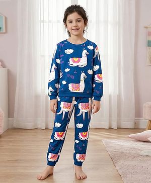 Pine Kids Heavy Gauge Premium Fabric Full Sleeves Lama Printed Night Suit - Navy Blue