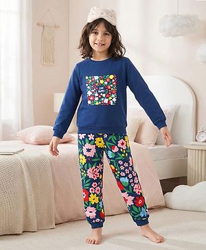 Pine Kids Looper Knit Full Sleeves Night Suit with Floral Print - Navy Blue
