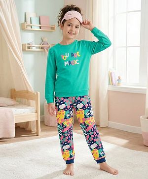 Pine Kids Heavy Gauge Premium Fabric Full Sleeves Text Printed Night Suit - Green & Navy Blue